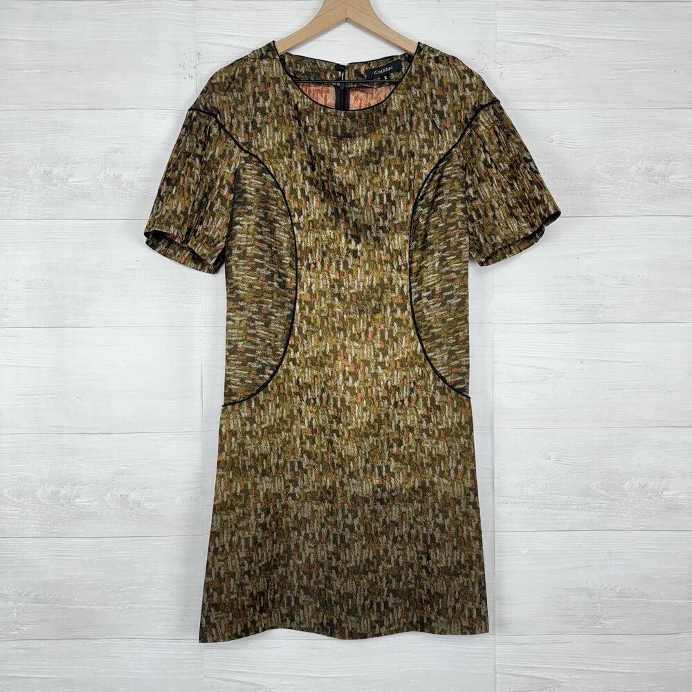 Cotelac Shift Dress Size 8 Textured Satin Brown‎ Green Pleated Short Sleeves